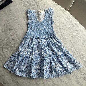 Elan Smocked Cotton Summer Dress - White with Blue Embroidery